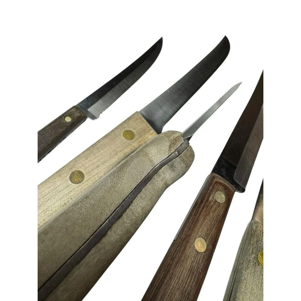 Mixed Lot 7 Vintage Vanadium Chicago Knives Wood Handle MCM Chef Bread
